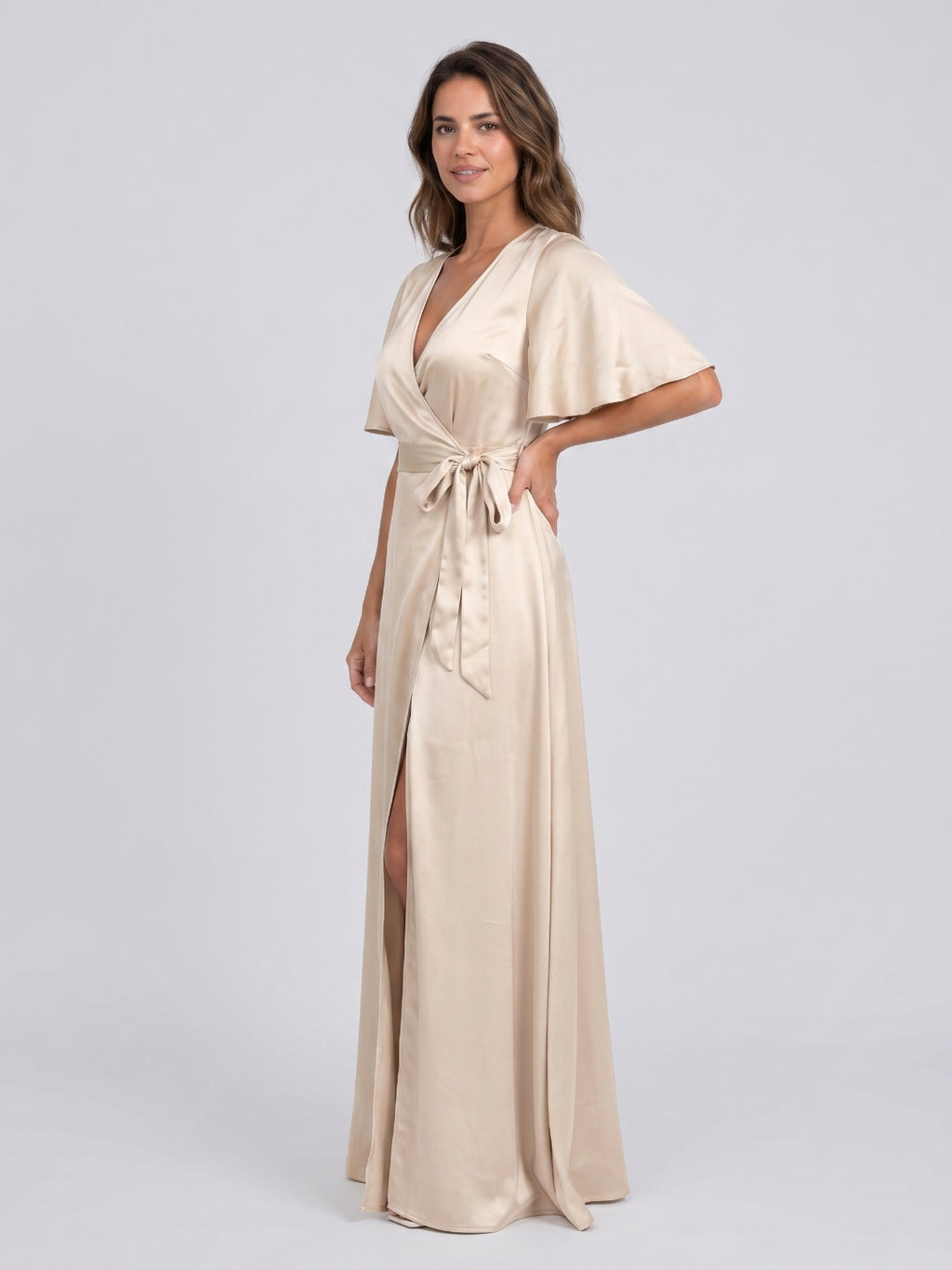 Sand Satin A-Line V-Neck Floor-Length Bridesmaid Dress