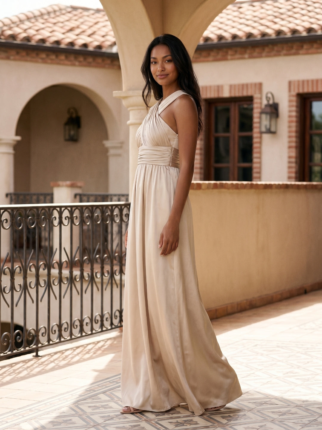Sand Satin A-Line V-Neck Floor-Length Bridesmaid Dress