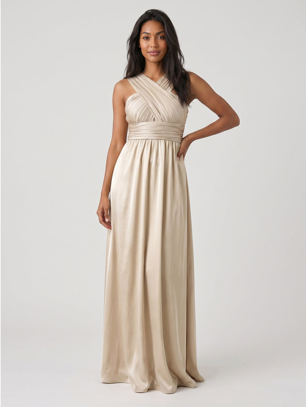 Sand Satin A-Line V-Neck Floor-Length Bridesmaid Dress