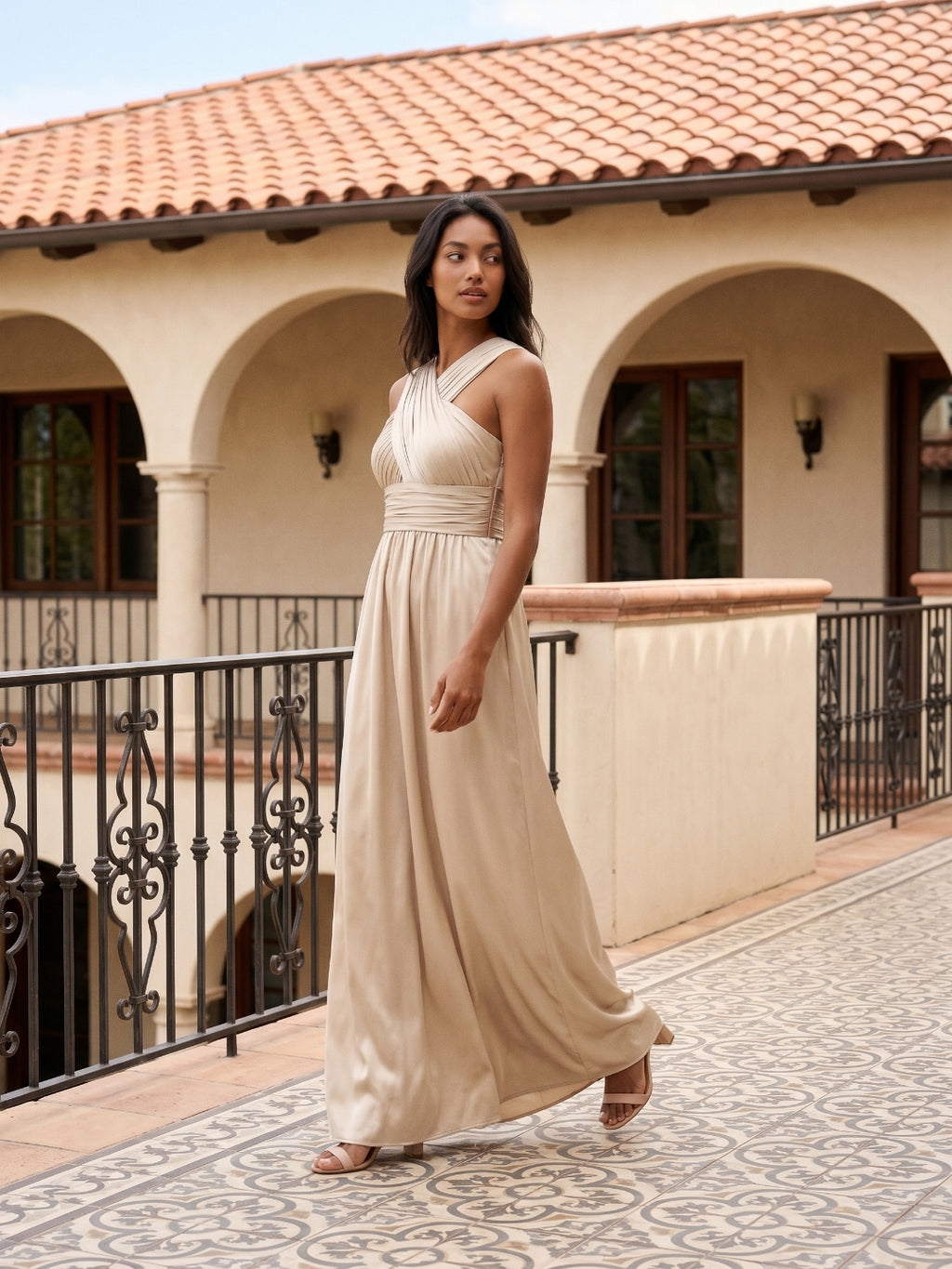 Sand Satin A-Line V-Neck Floor-Length Bridesmaid Dress