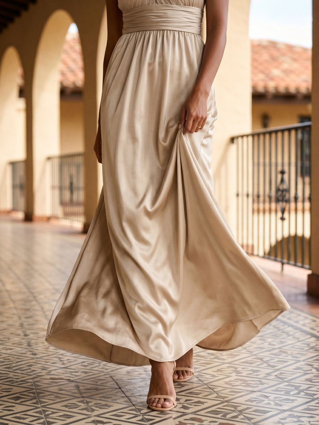 Sand Satin A-Line V-Neck Floor-Length Bridesmaid Dress