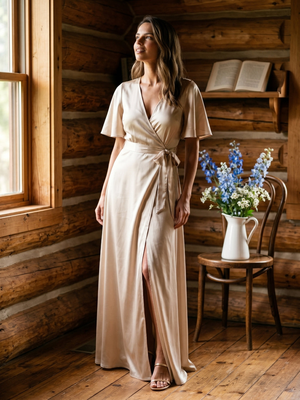 Sand Satin A-Line V-Neck Floor-Length Bridesmaid Dress