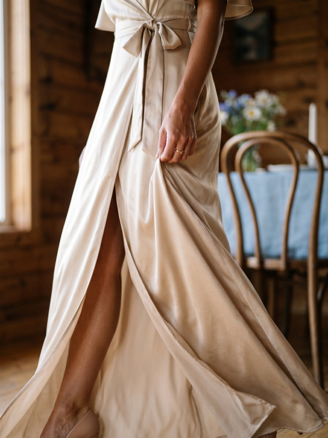 Sand Satin A-Line V-Neck Floor-Length Bridesmaid Dress