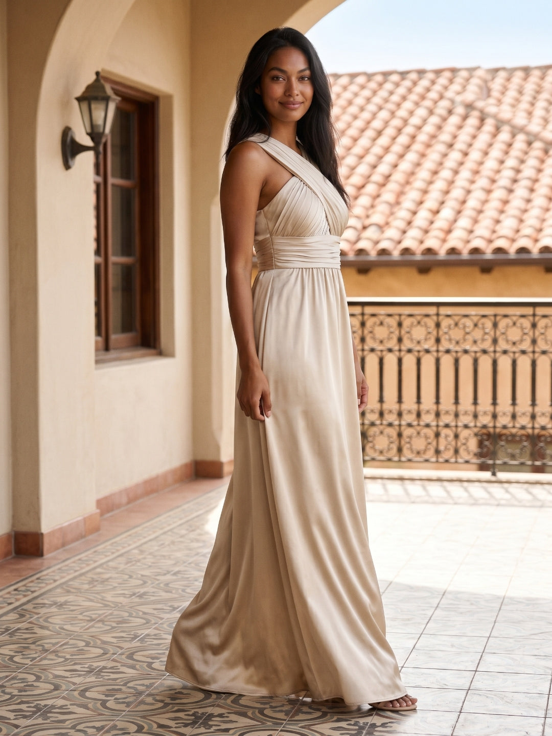 Sand Satin A-Line V-Neck Floor-Length Bridesmaid Dress