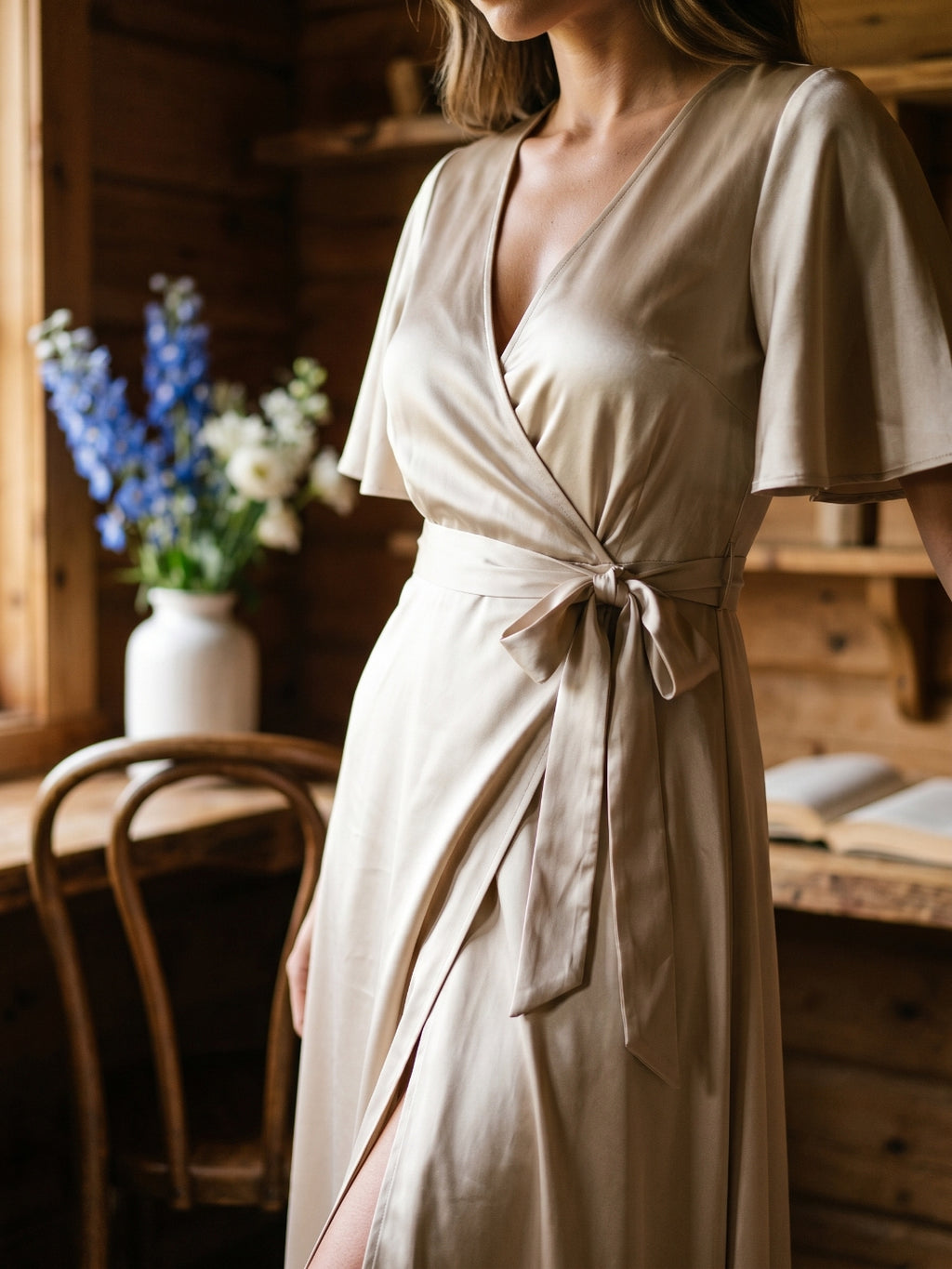 Sand Satin A-Line V-Neck Floor-Length Bridesmaid Dress