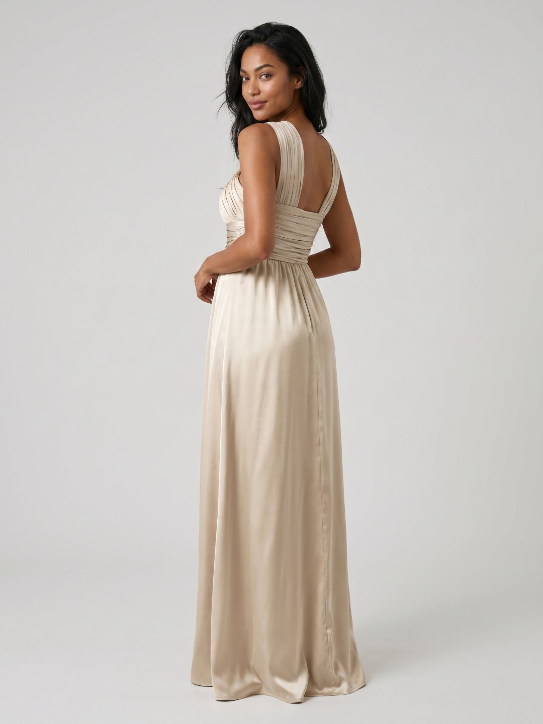 Sand Satin A-Line V-Neck Floor-Length Bridesmaid Dress