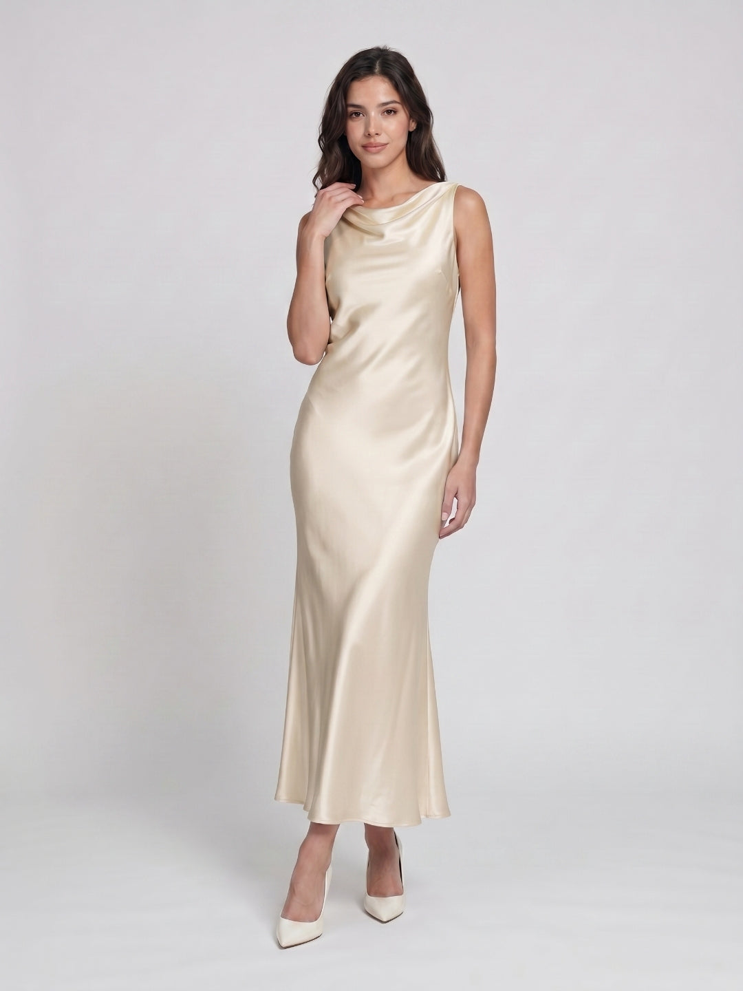 Sand Satin Sheath Cowl Neck Backless Ankle-Length Formal Dress