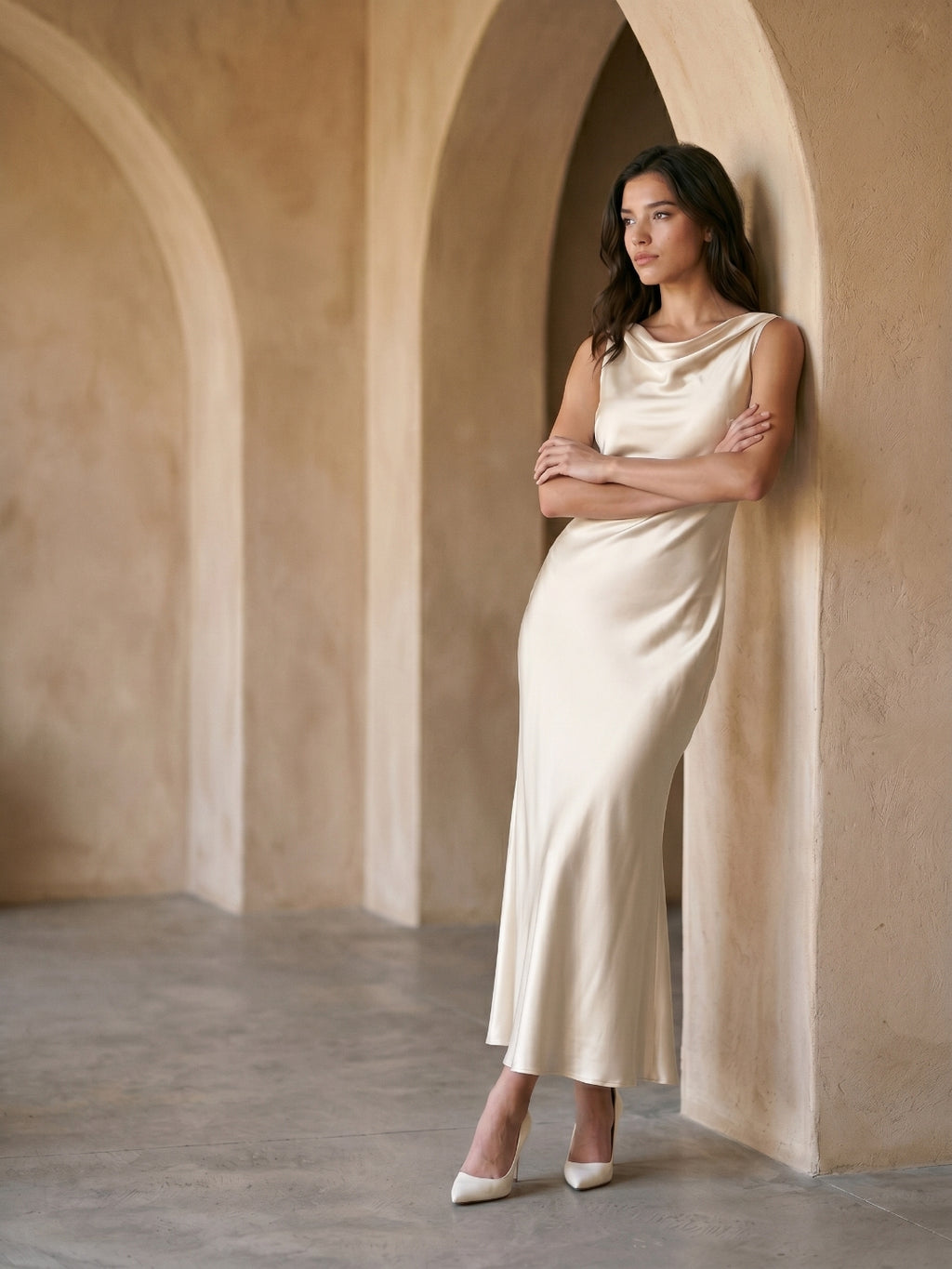 Sand Satin Sheath Cowl Neck Backless Ankle-Length Formal Dress