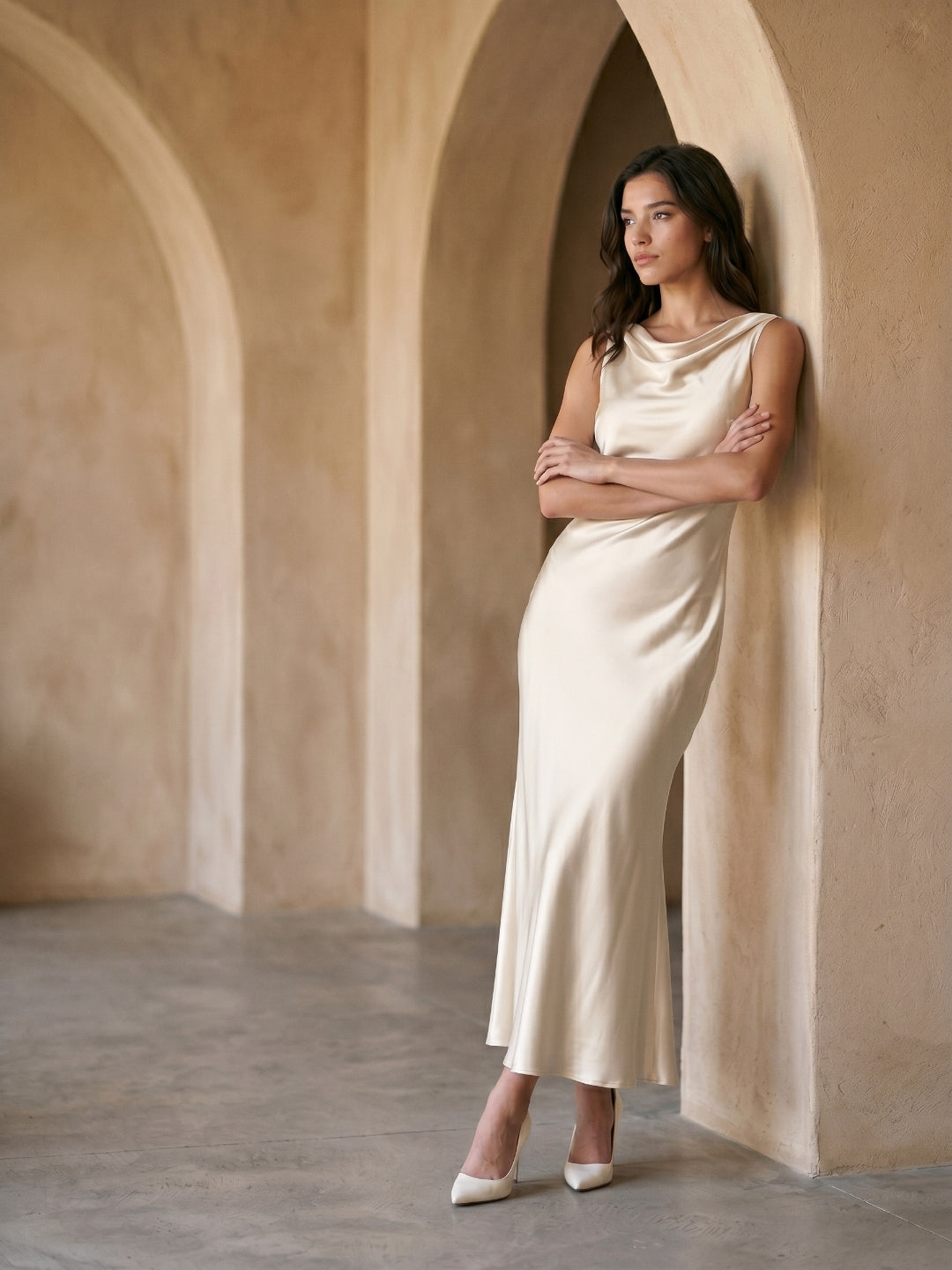 Sand Satin Sheath Cowl Neck Backless Ankle-Length Formal Dress