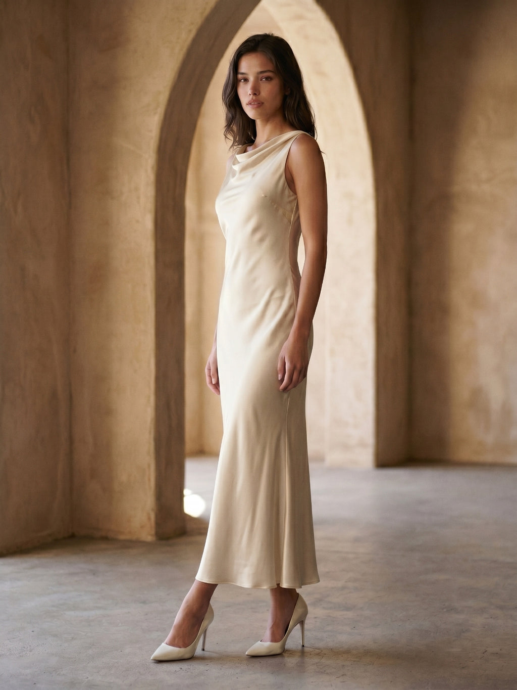 Sand Satin Sheath Cowl Neck Backless Ankle-Length Formal Dress
