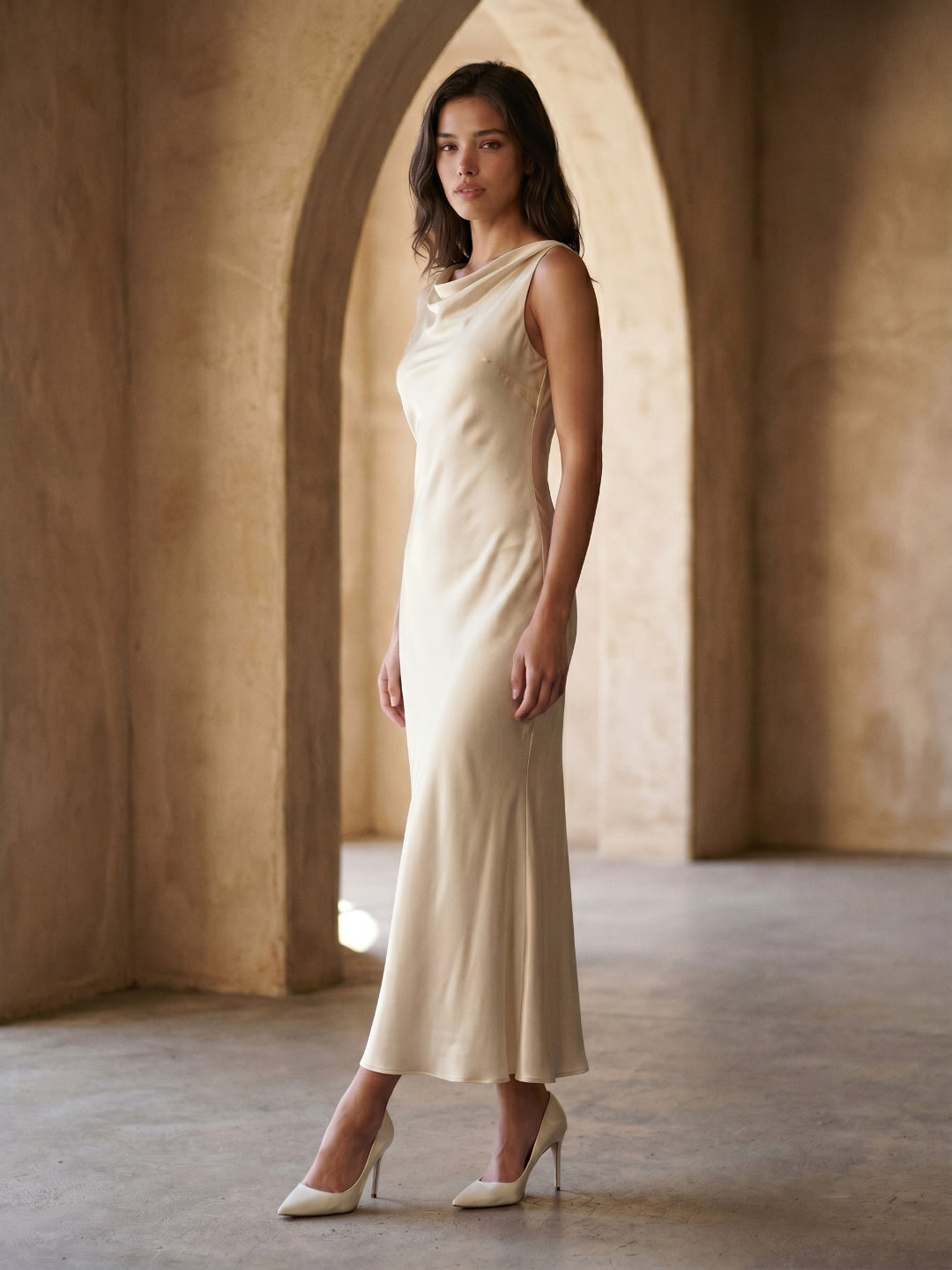 Sand Satin Sheath Cowl Neck Backless Ankle-Length Formal Dress