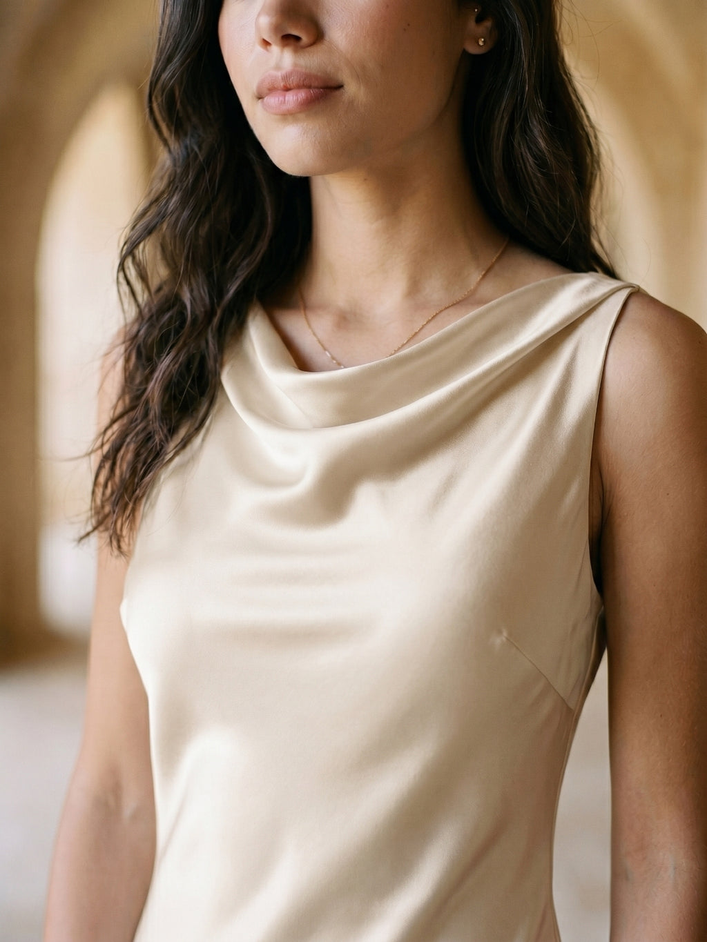 Sand Satin Sheath Cowl Neck Backless Ankle-Length Formal Dress