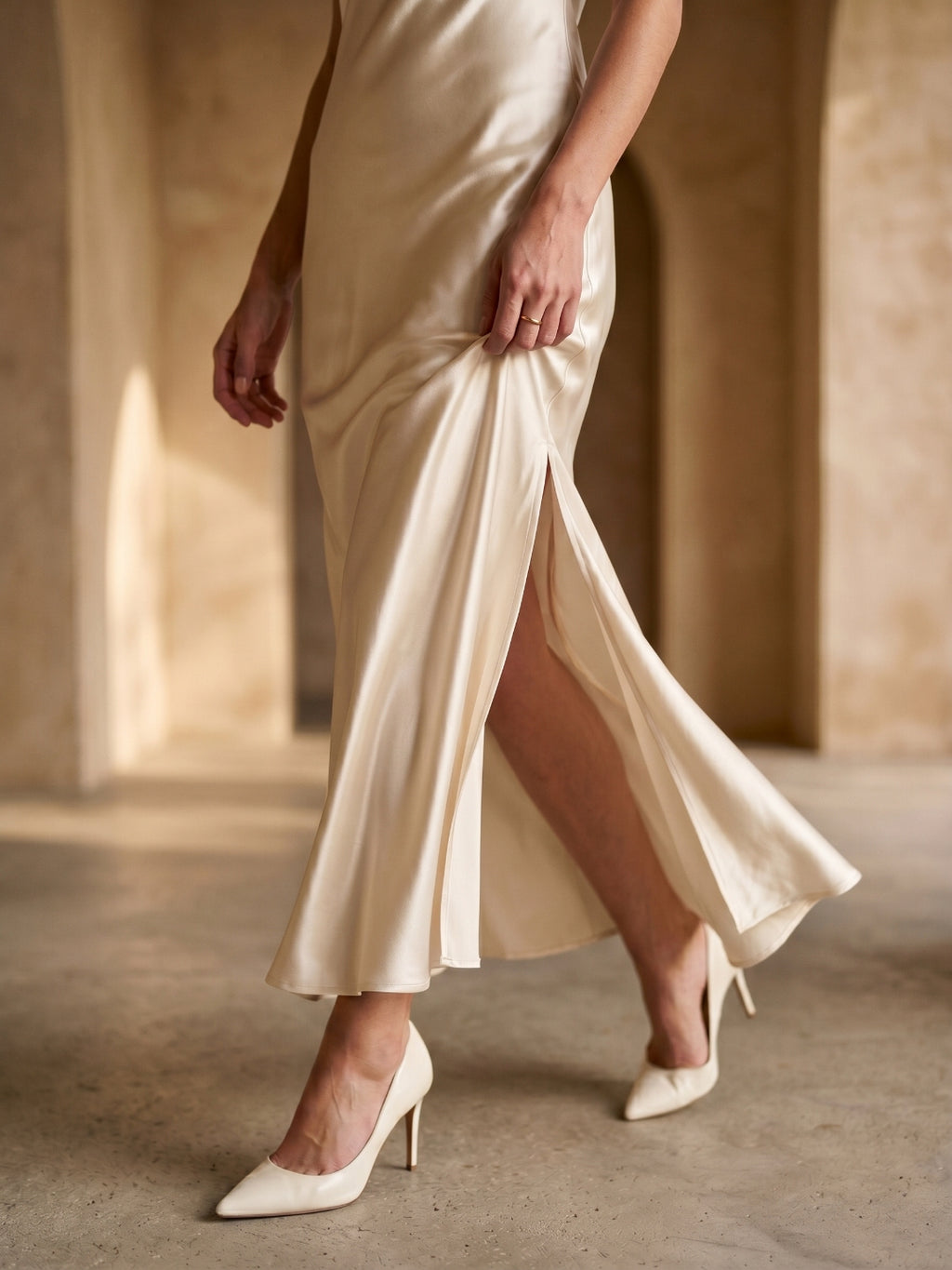 Sand Satin Sheath Cowl Neck Backless Ankle-Length Formal Dress