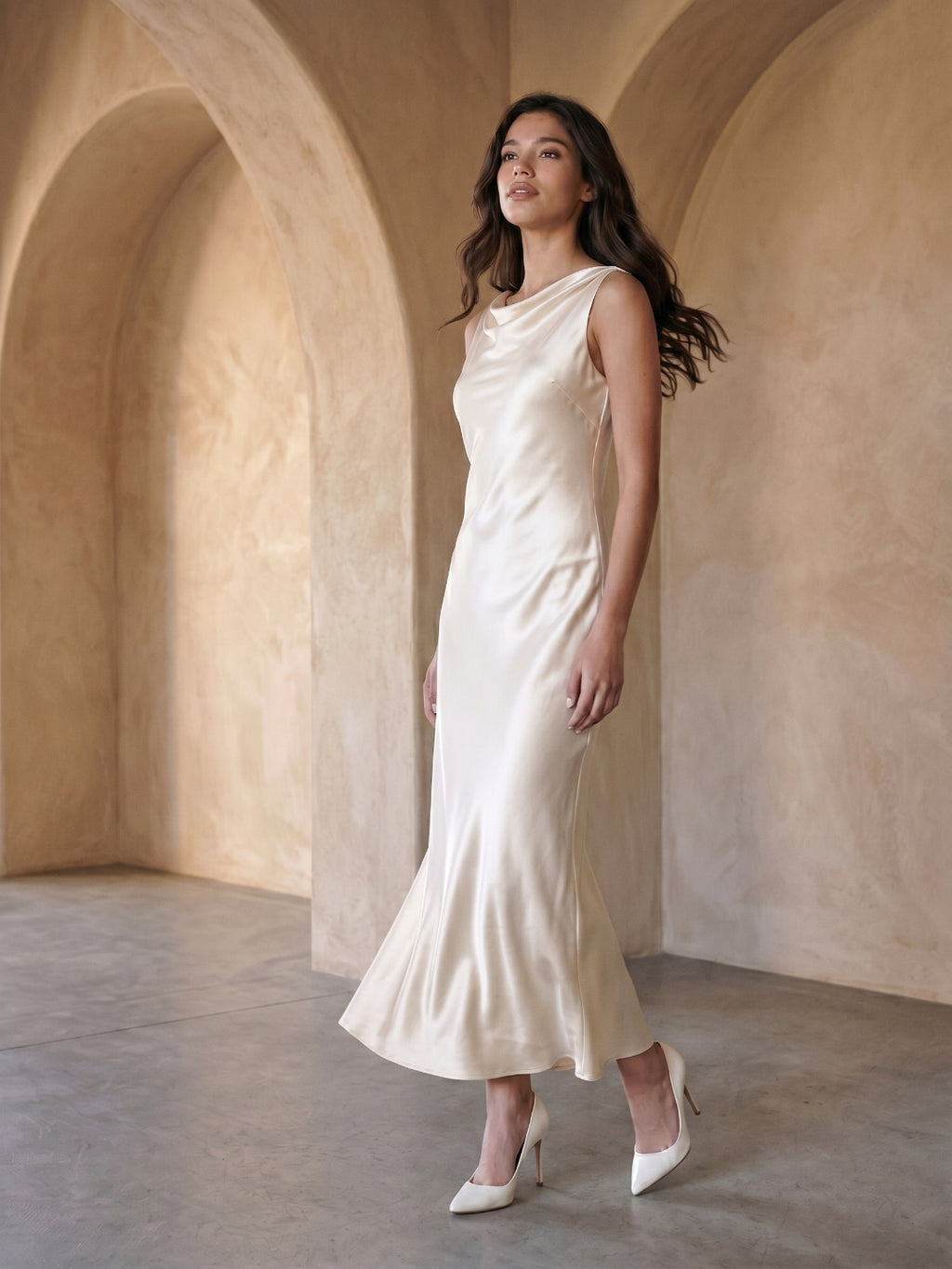 Sand Satin Sheath Cowl Neck Backless Ankle-Length Formal Dress