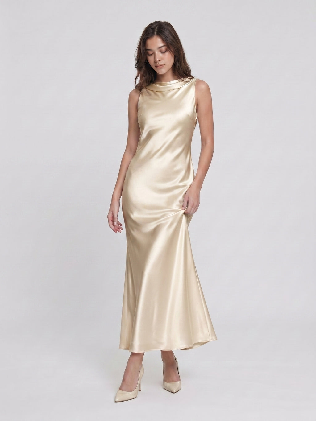 Sand Satin Sheath Cowl Neck Backless Ankle-Length Formal Dress