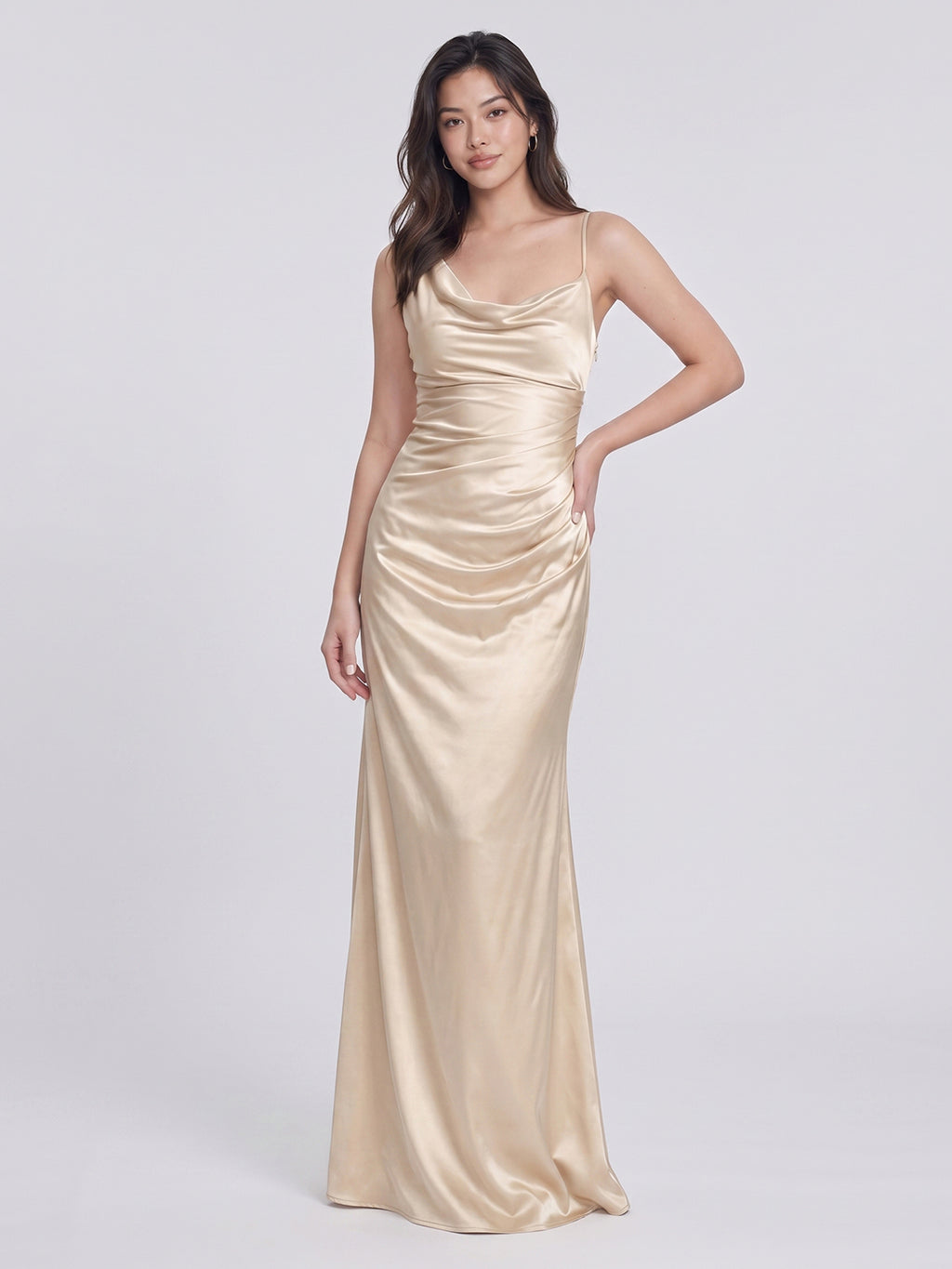 Sand Satin Sheath Cowl Neck Floor-Length Bridesmaid Dress
