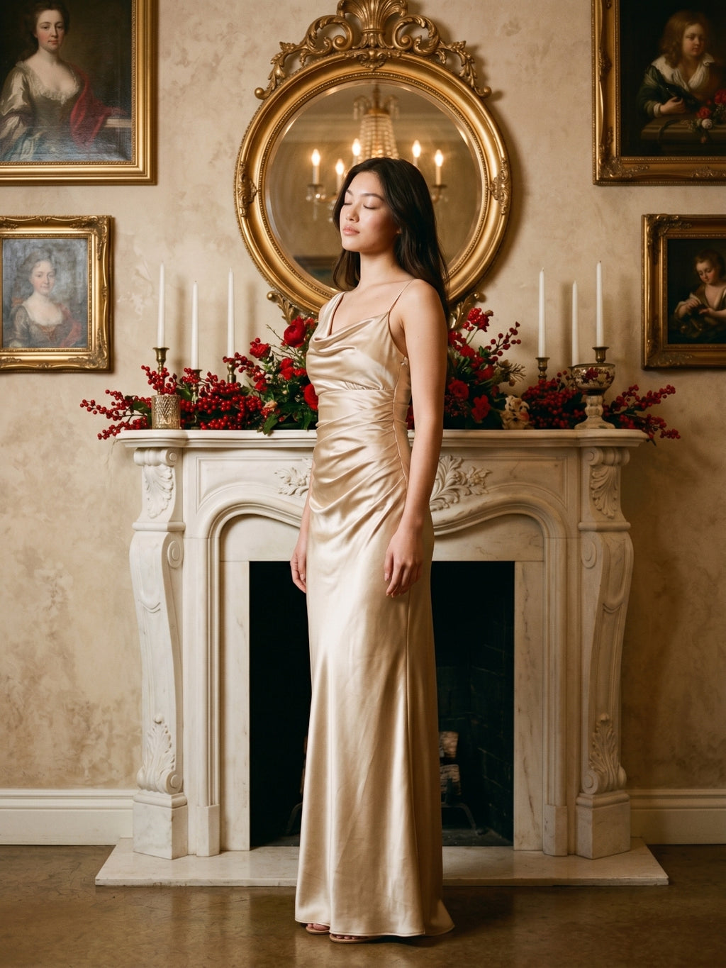 Sand Satin Sheath Cowl Neck Floor-Length Bridesmaid Dress