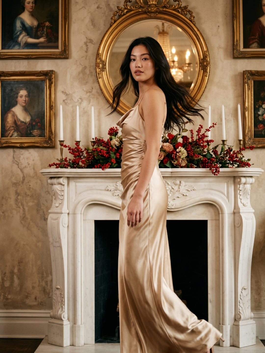 Sand Satin Sheath Cowl Neck Floor-Length Bridesmaid Dress