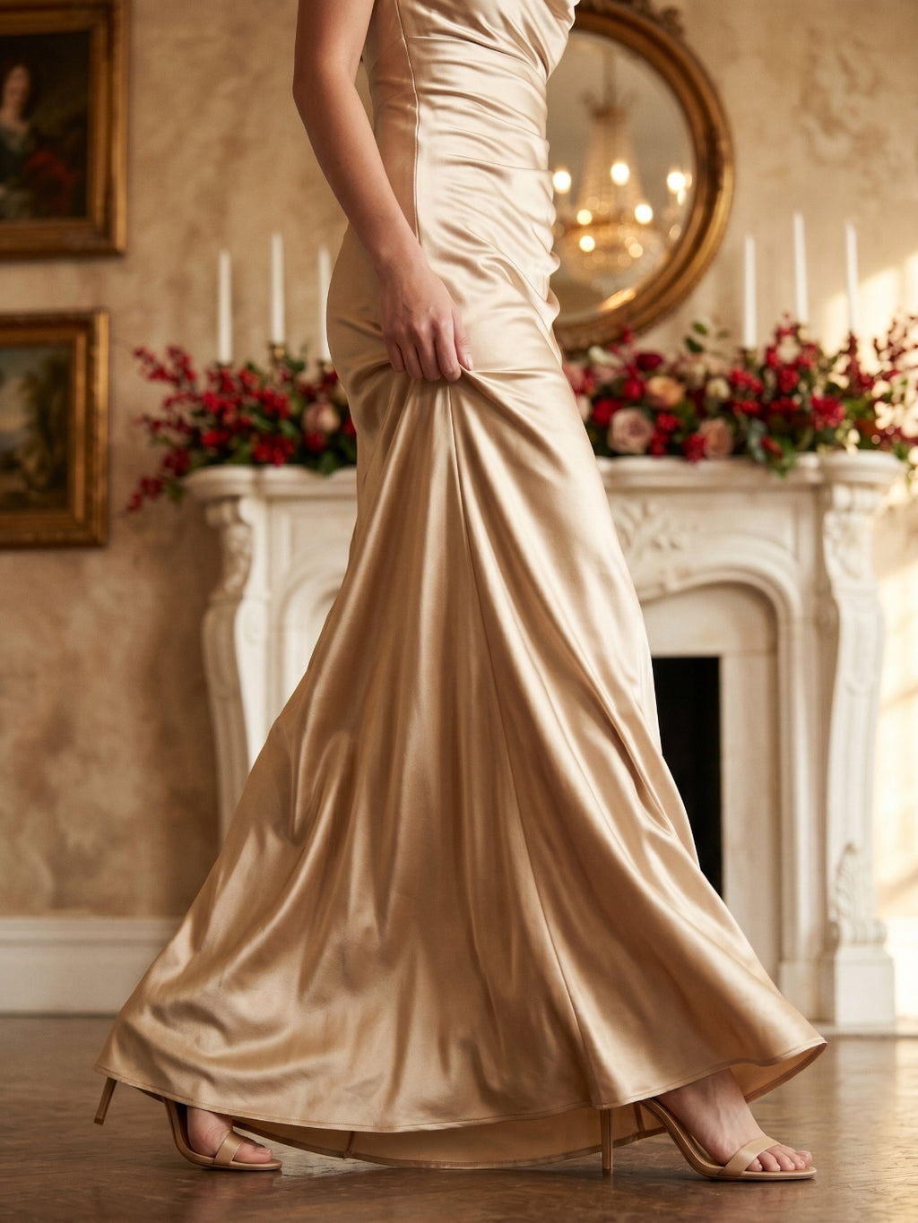 Sand Satin Sheath Cowl Neck Floor-Length Bridesmaid Dress