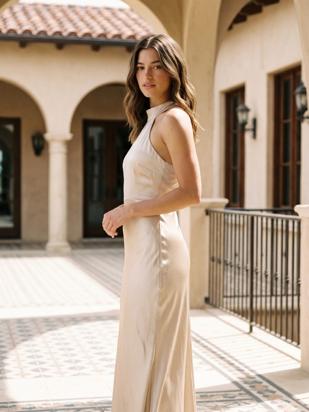 Sand Satin Sheath Halter Neckline Backless Floor-Length Bridesmaid Dress
