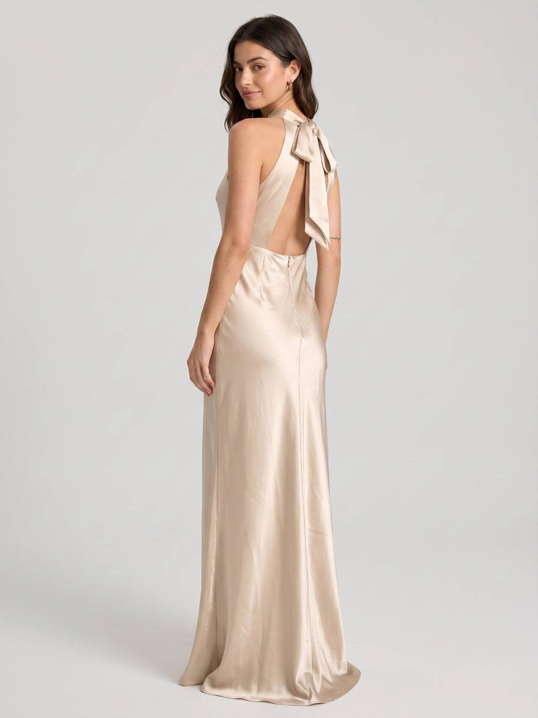Sand Satin Sheath Halter Neckline Backless Floor-Length Bridesmaid Dress