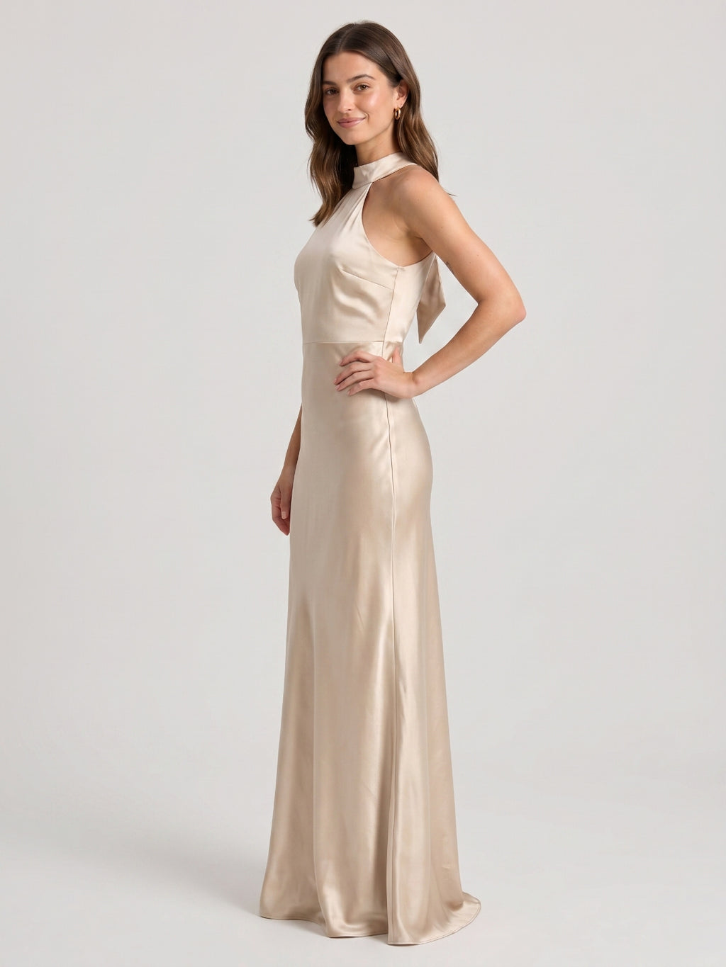 Sand Satin Sheath Halter Neckline Backless Floor-Length Bridesmaid Dress
