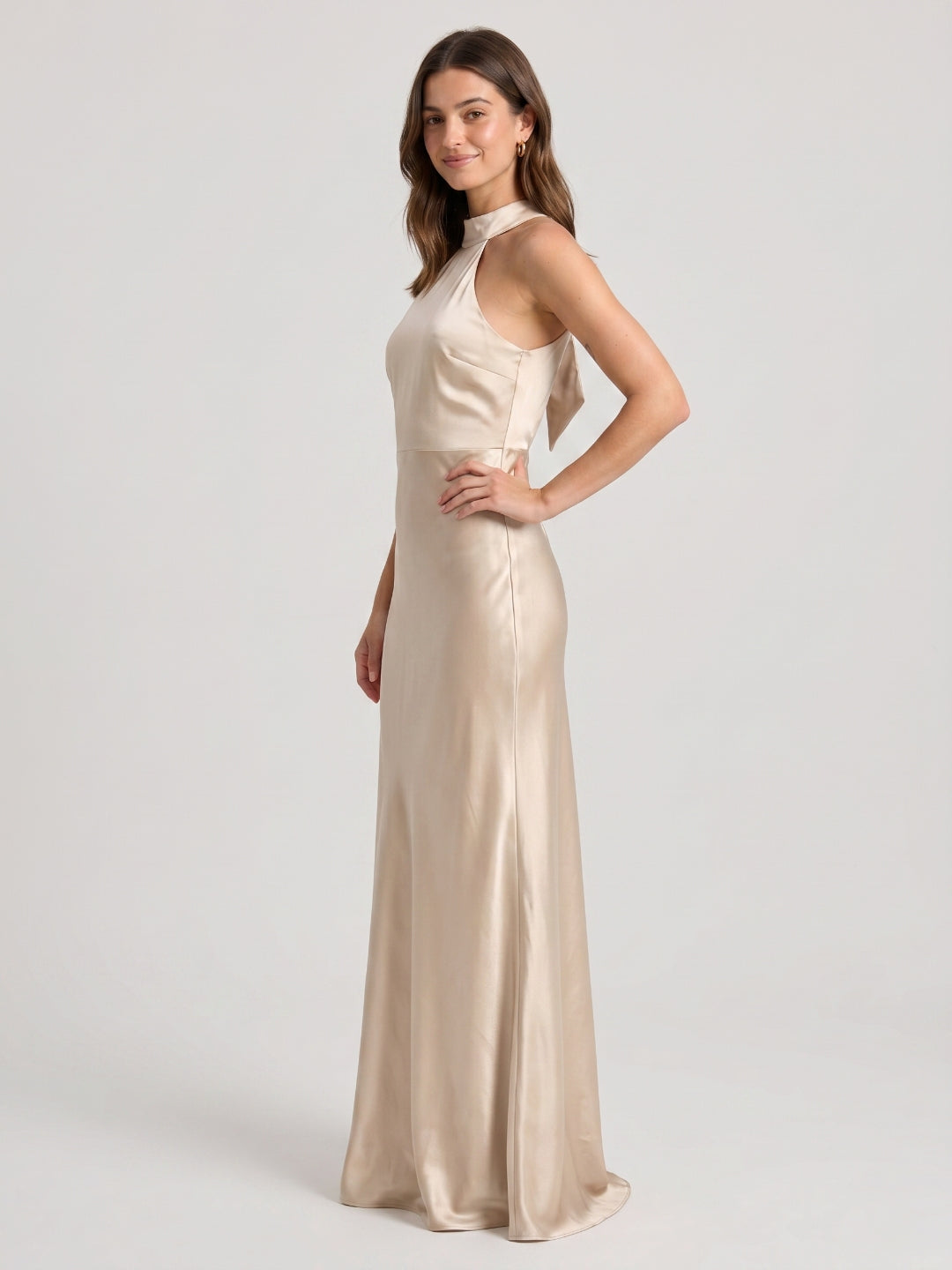 Sand Satin Sheath Halter Neckline Backless Floor-Length Bridesmaid Dress