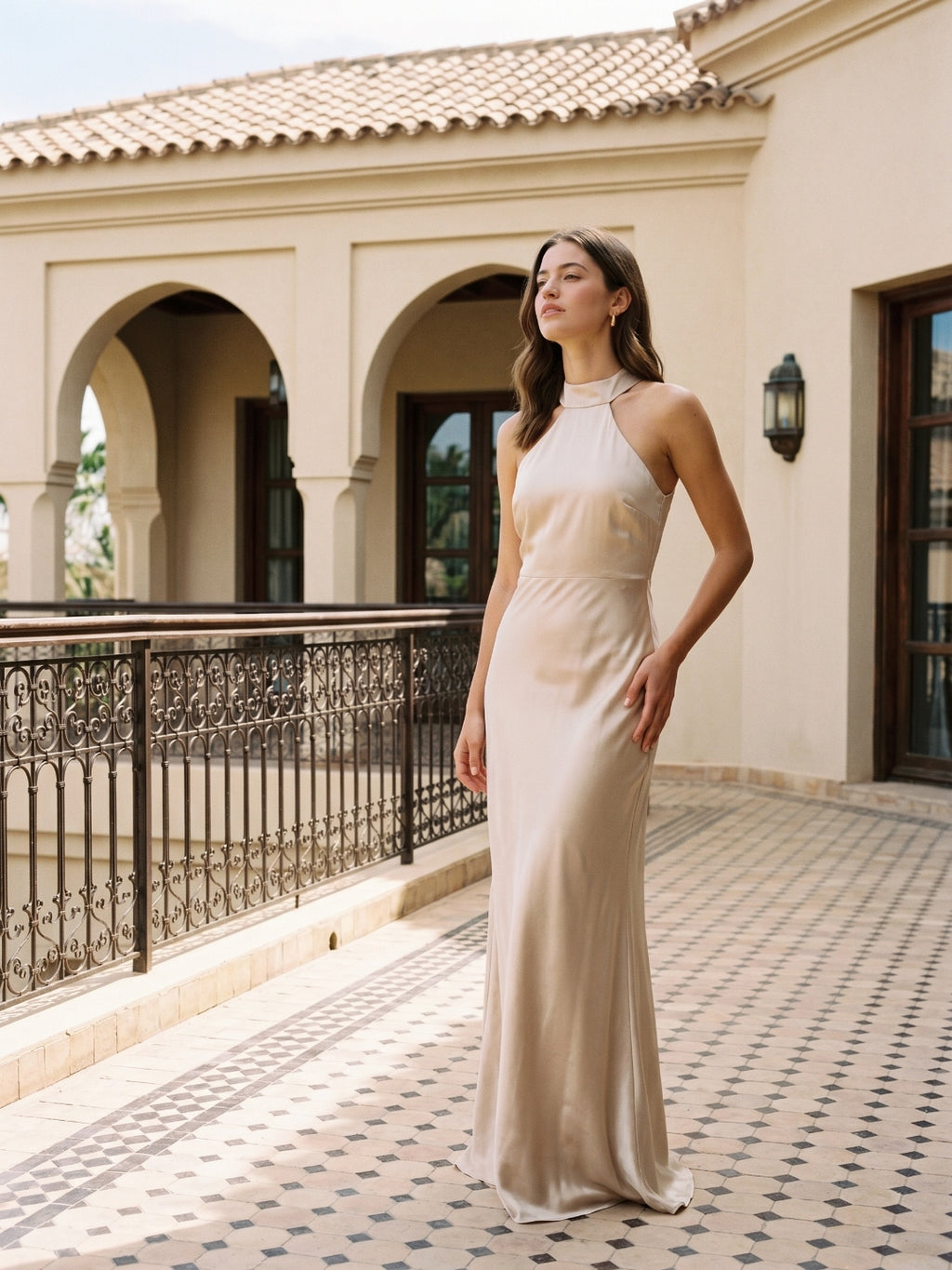 Sand Satin Sheath Halter Neckline Backless Floor-Length Bridesmaid Dress