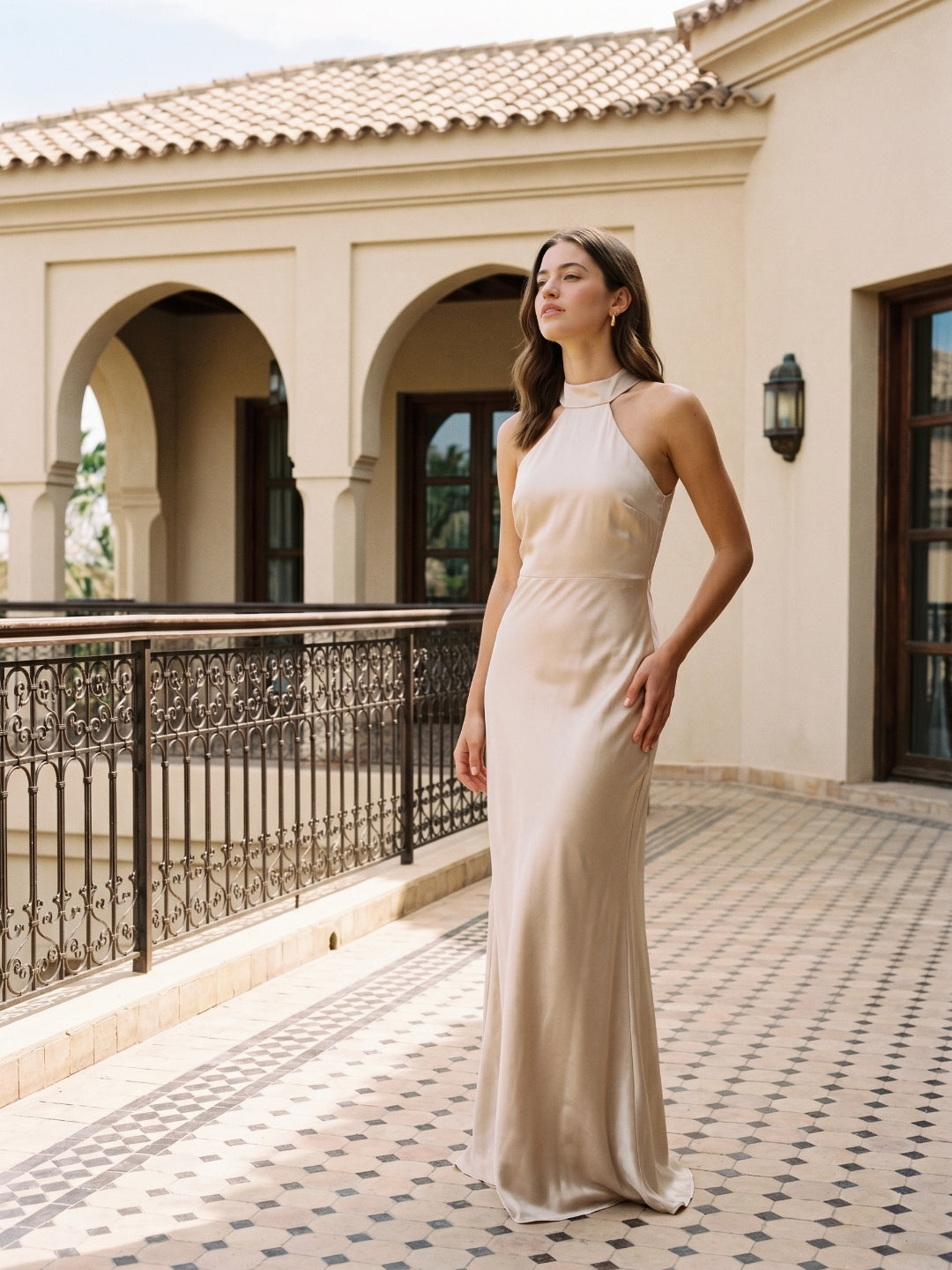 Sand Satin Sheath Halter Neckline Backless Floor-Length Bridesmaid Dress