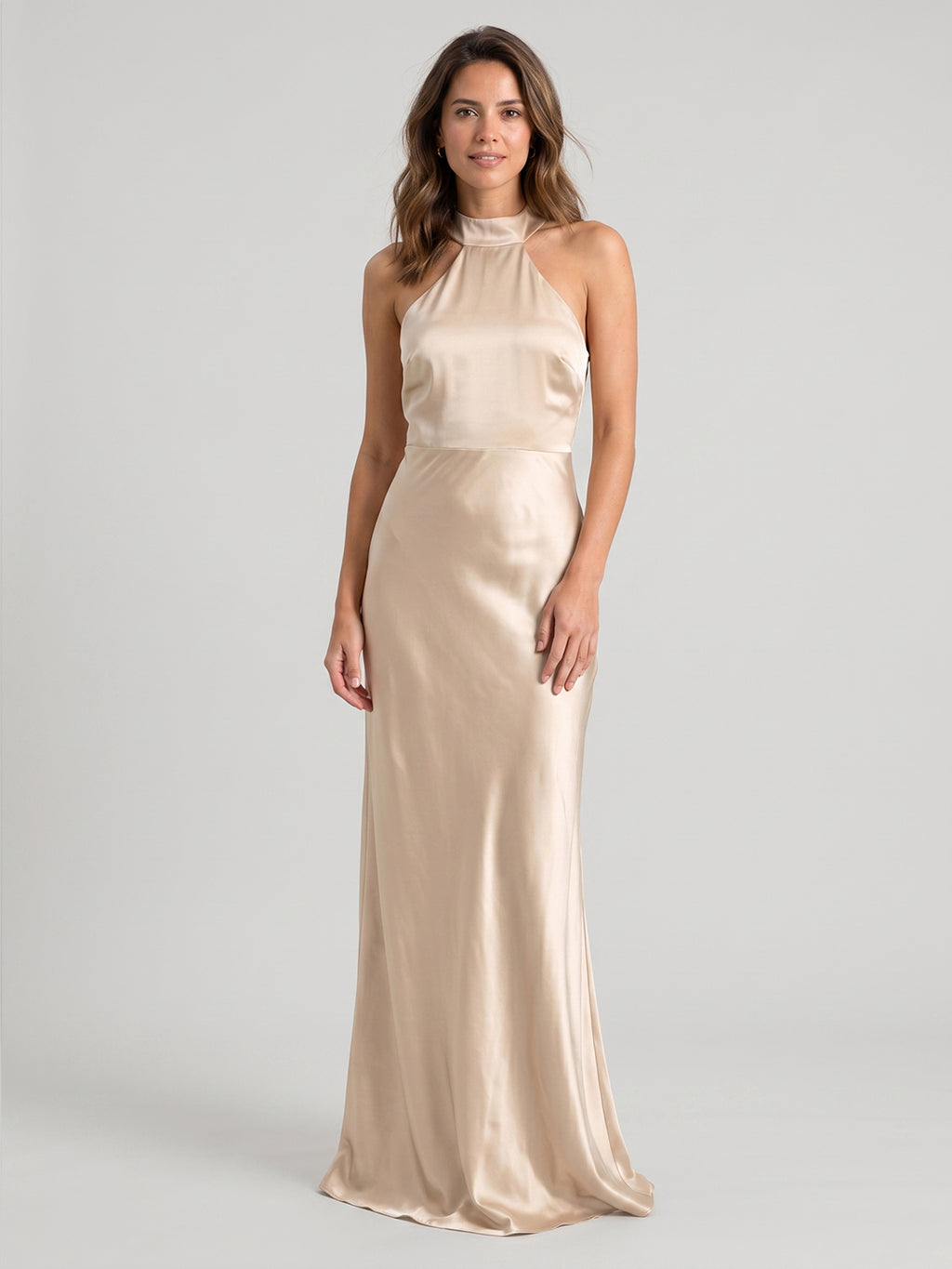 Sand Satin Sheath Halter Neckline Backless Floor-Length Bridesmaid Dress
