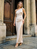 Sand Sheath One Shoulder Side Zip Floor-Length Bridesmaid Dress