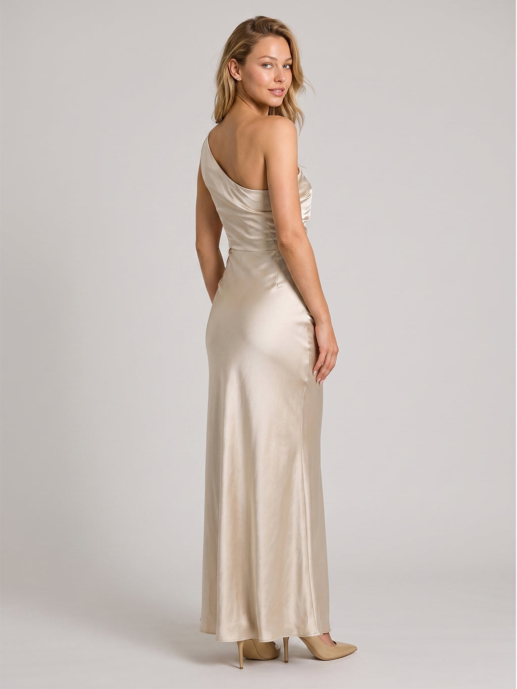 Sand Sheath One Shoulder Side Zip Floor-Length Bridesmaid Dress