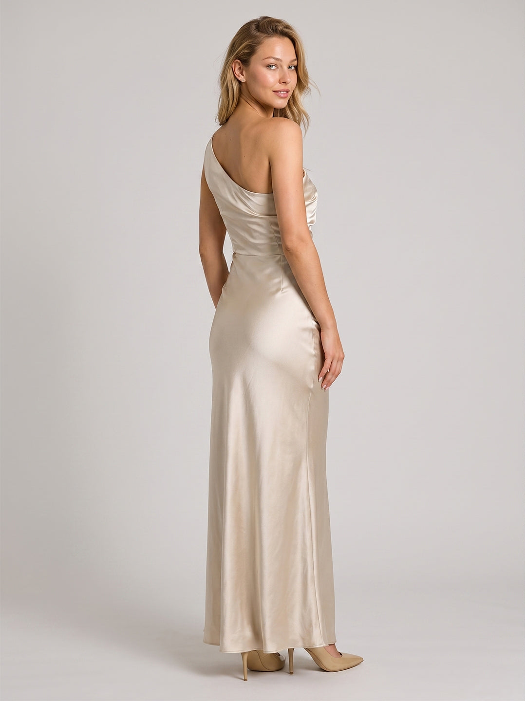 Sand Sheath One Shoulder Side Zip Floor-Length Bridesmaid Dress