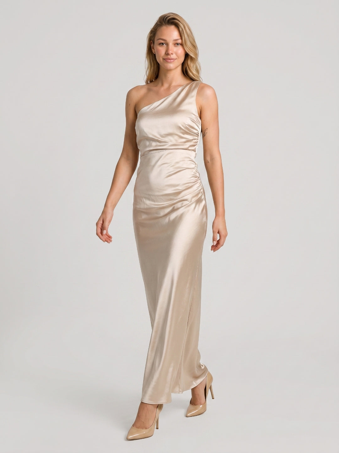 Sand Sheath One Shoulder Side Zip Floor-Length Bridesmaid Dress