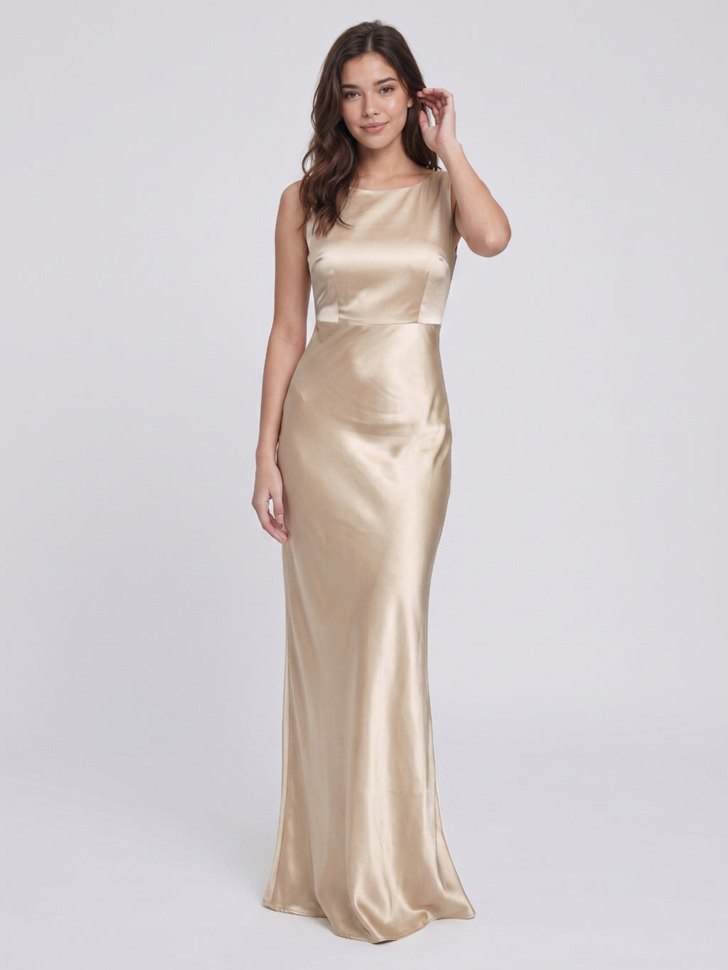 Sand Satin Sheath Scoop Neck Backless Floor-Length Bridesmaid Dress