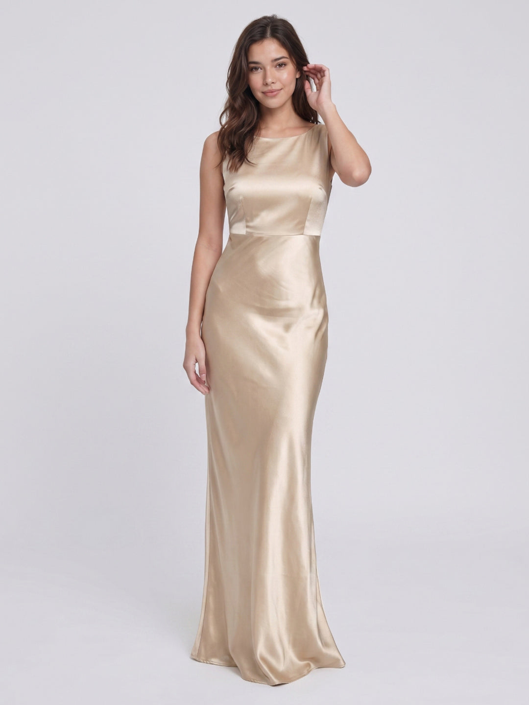Sand Satin Sheath Scoop Neck Backless Floor-Length Bridesmaid Dress