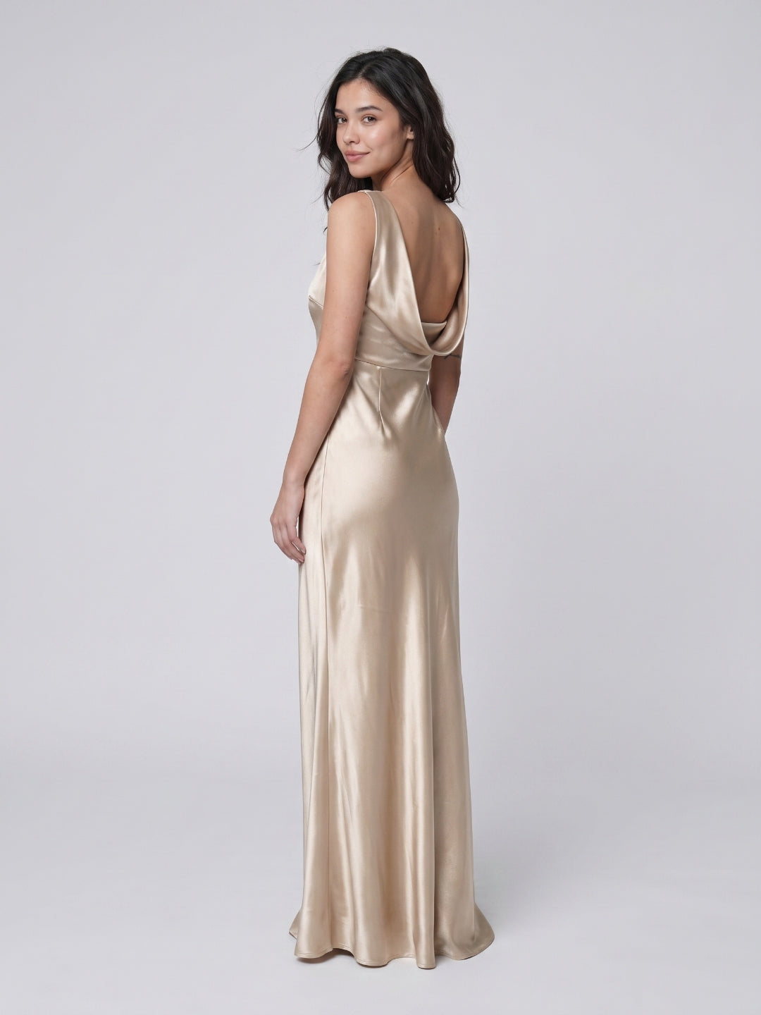Sand Satin Sheath Scoop Neck Backless Floor-Length Bridesmaid Dress