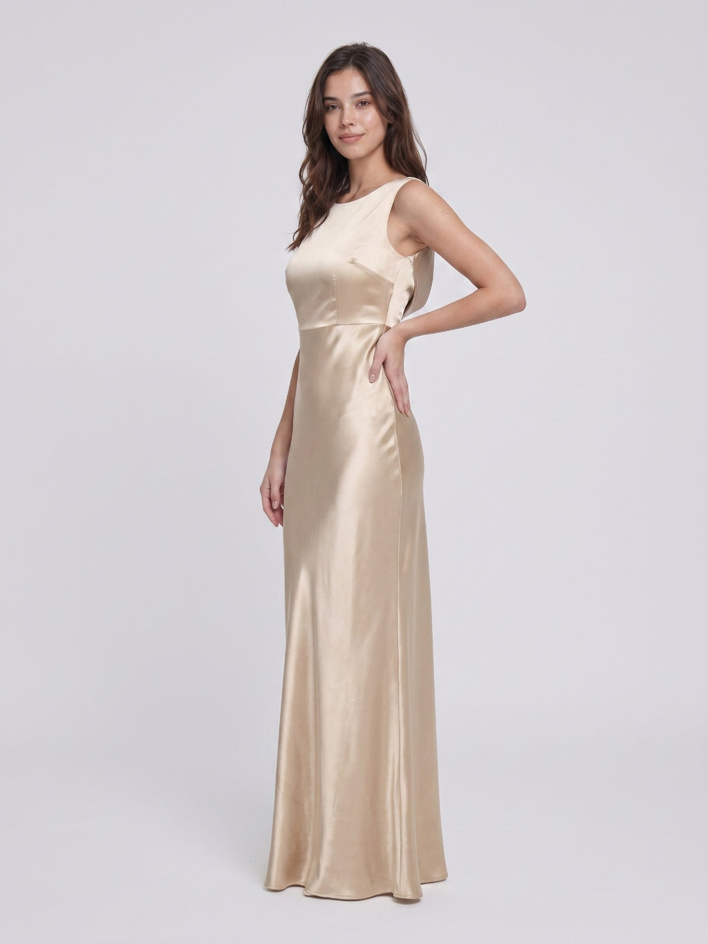 Sand Satin Sheath Scoop Neck Backless Floor-Length Bridesmaid Dress