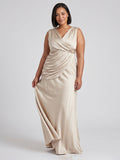 Sand Satin Sheath V-Neck Back Zip Floor-Length Bridesmaid Dress