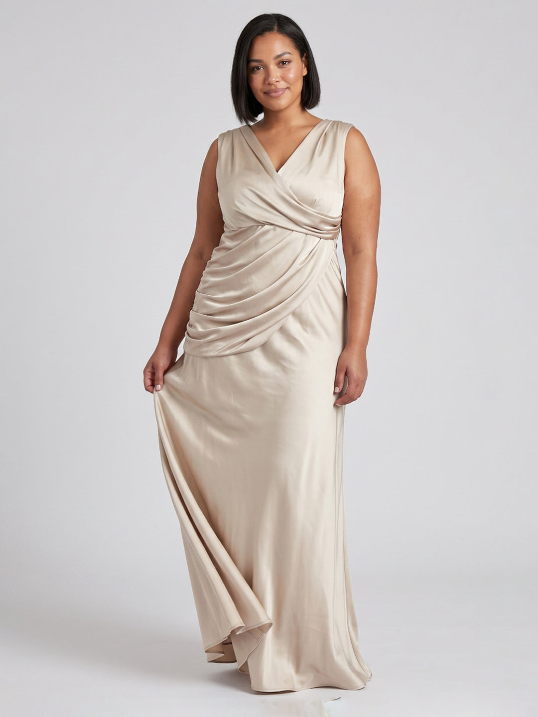 Sand Satin Sheath V-Neck Back Zip Floor-Length Bridesmaid Dress