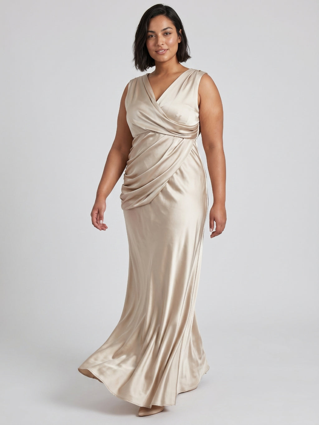 Sand Satin Sheath V-Neck Back Zip Floor-Length Bridesmaid Dress