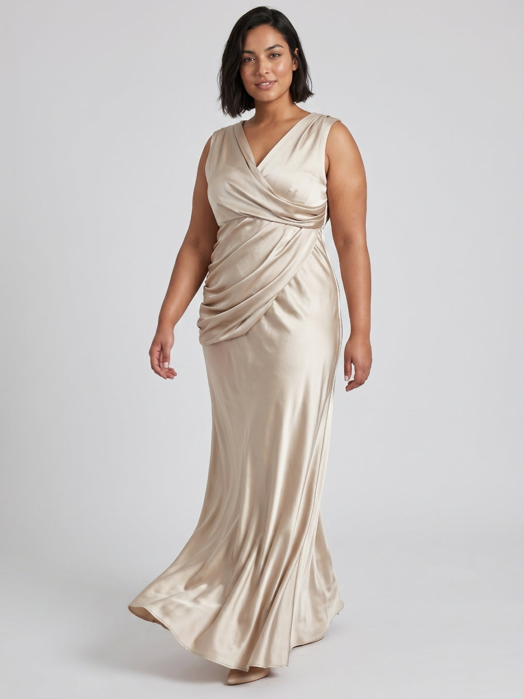 Sand Satin Sheath V-Neck Back Zip Floor-Length Bridesmaid Dress