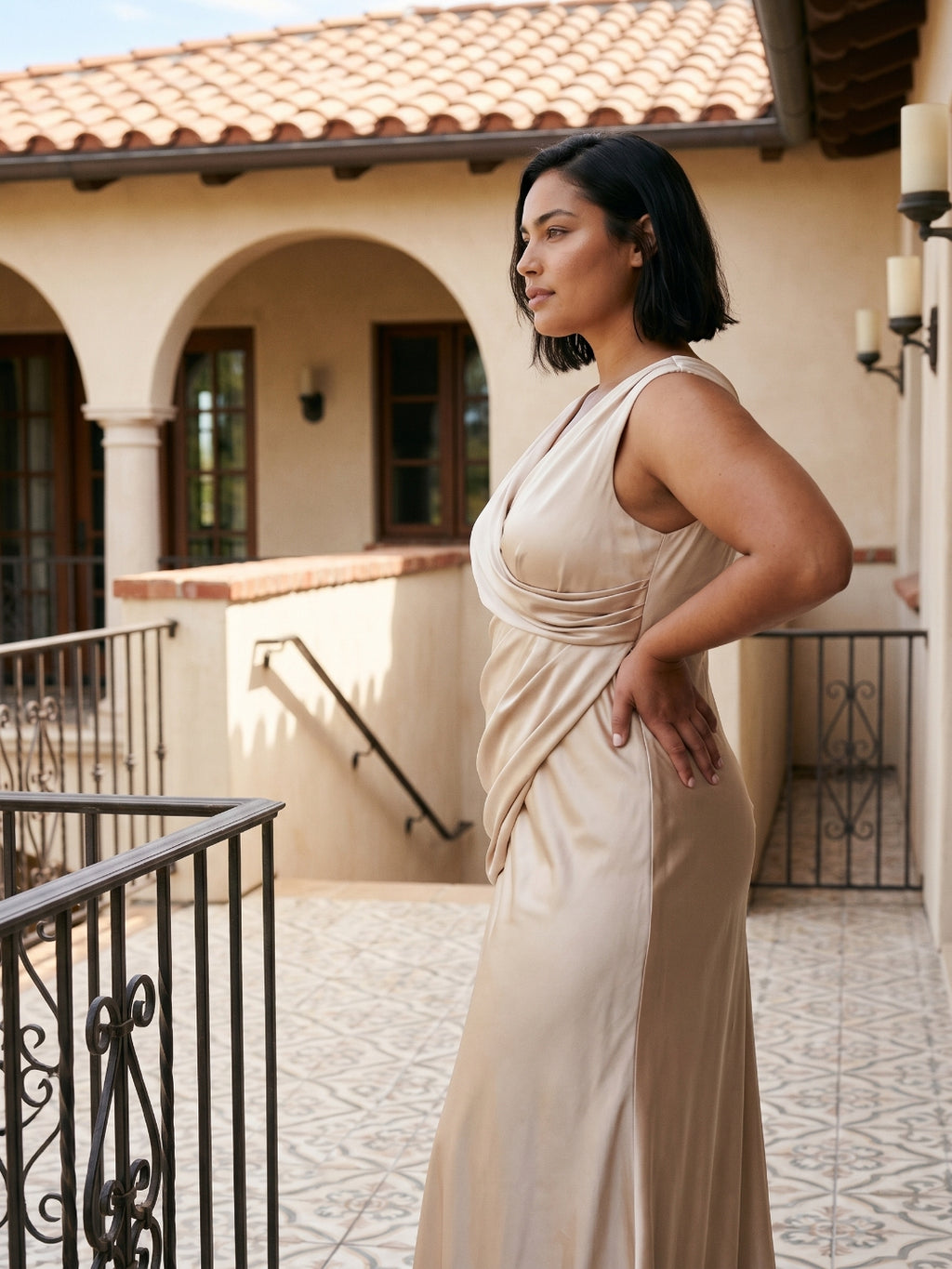 Sand Satin Sheath V-Neck Back Zip Floor-Length Bridesmaid Dress