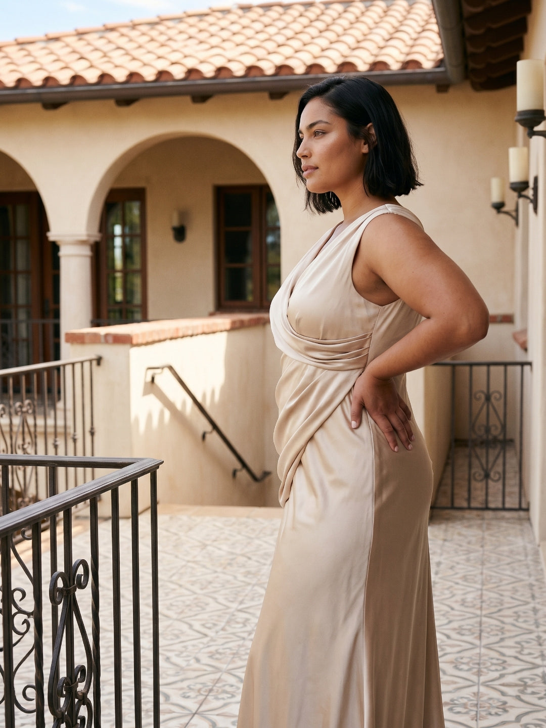 Sand Satin Sheath V-Neck Back Zip Floor-Length Bridesmaid Dress