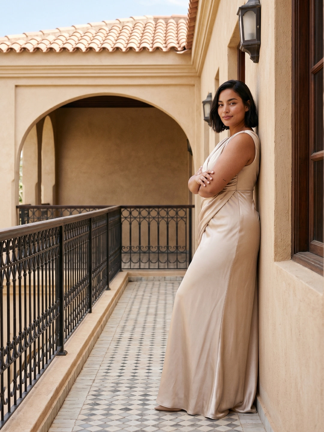Sand Satin Sheath V-Neck Back Zip Floor-Length Bridesmaid Dress