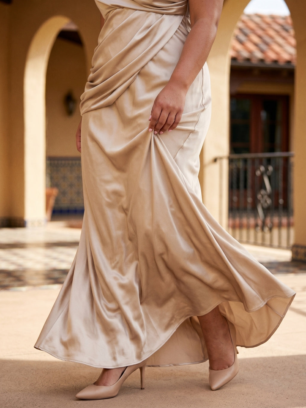 Sand Satin Sheath V-Neck Back Zip Floor-Length Bridesmaid Dress