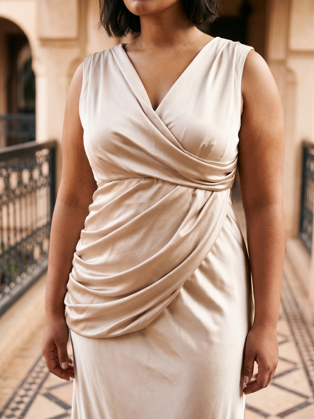 Sand Satin Sheath V-Neck Back Zip Floor-Length Bridesmaid Dress