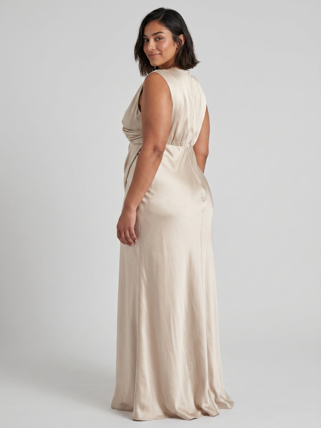Sand Satin Sheath V-Neck Back Zip Floor-Length Bridesmaid Dress
