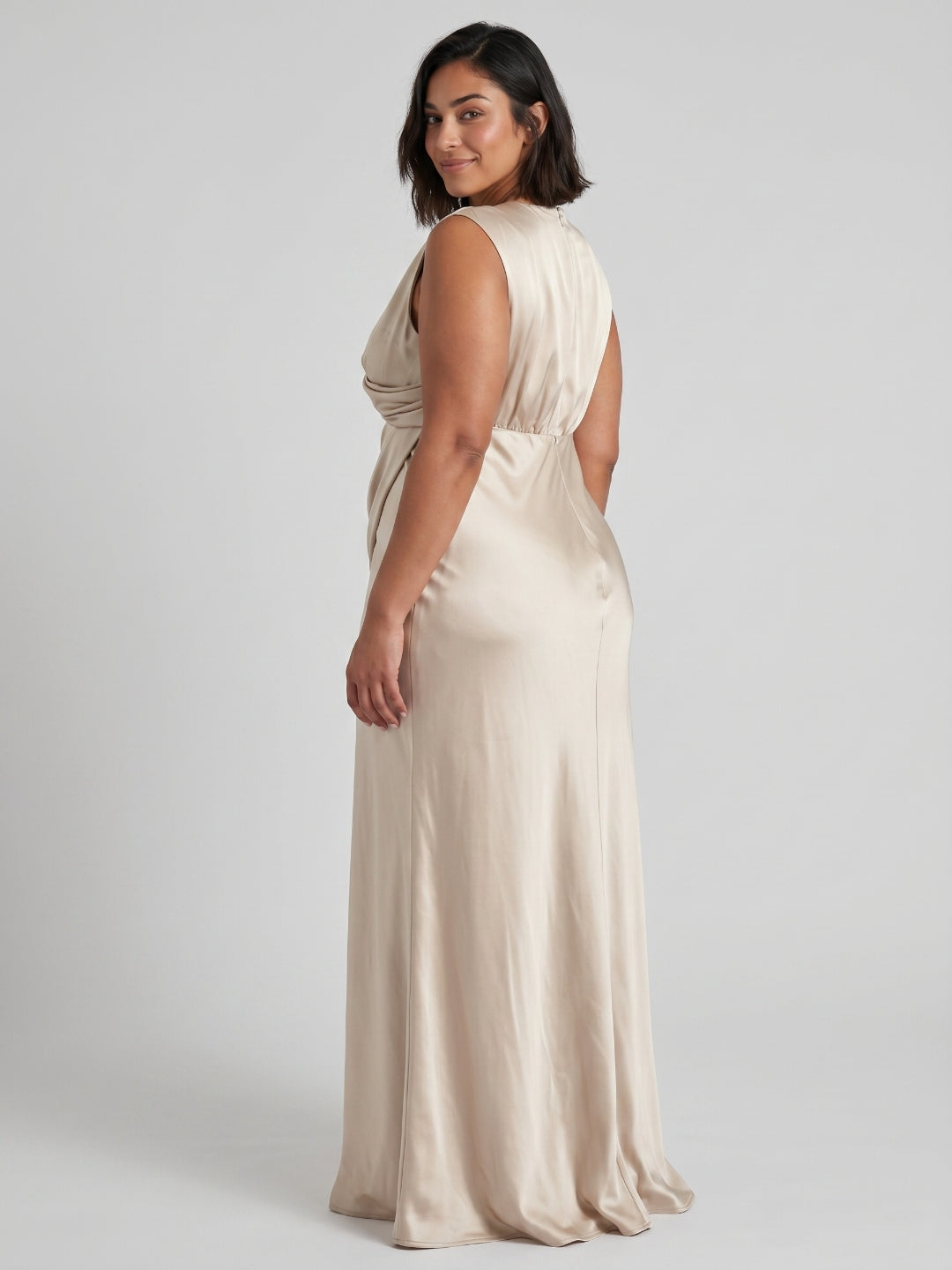 Sand Satin Sheath V-Neck Back Zip Floor-Length Bridesmaid Dress