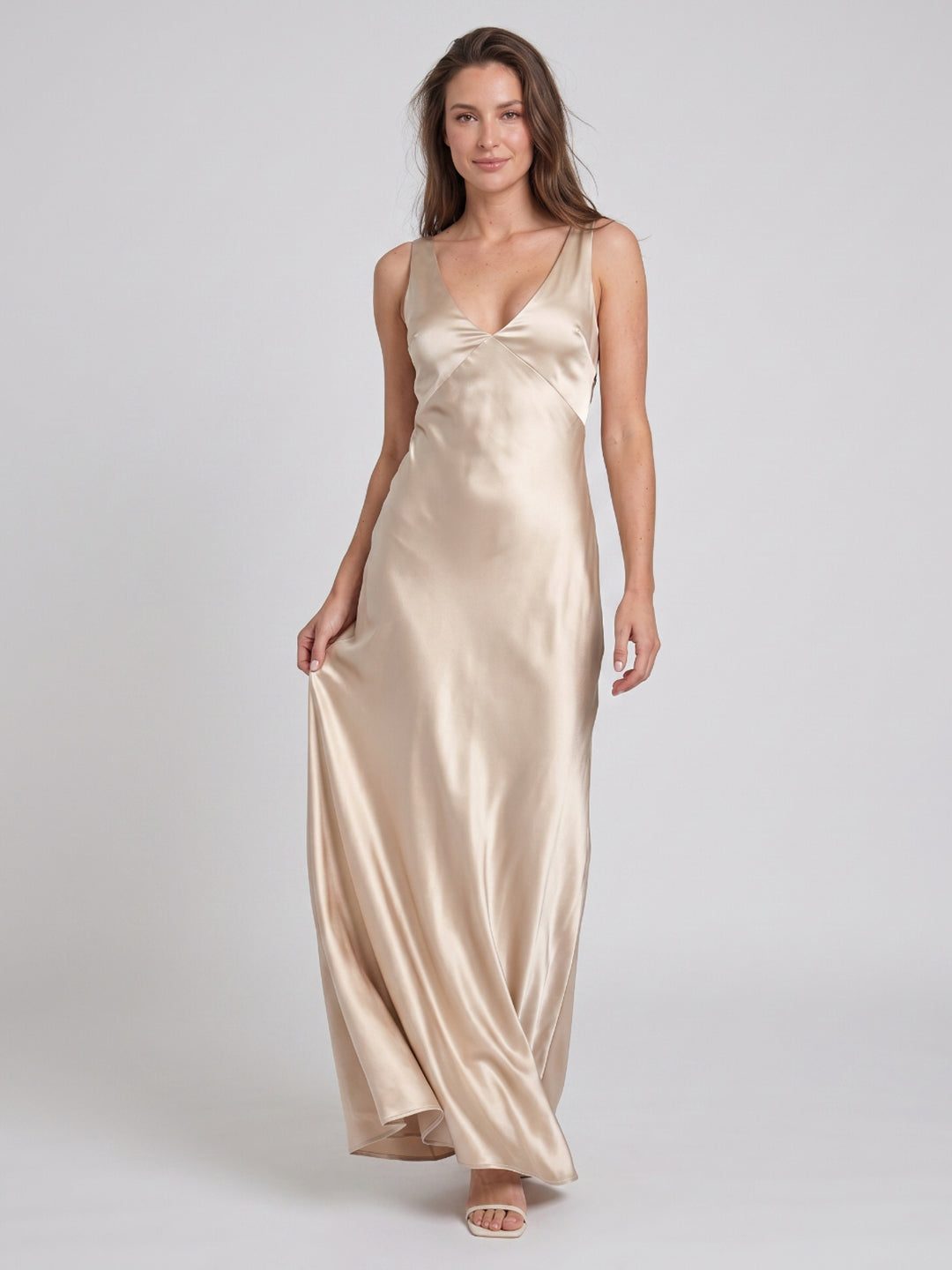 Sand Satin Sheath V-Neck V-Back Floor-Length Bridesmaid Dress